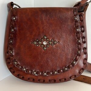 100% genuine leather brown western crossbody satchel bag with gem and studs